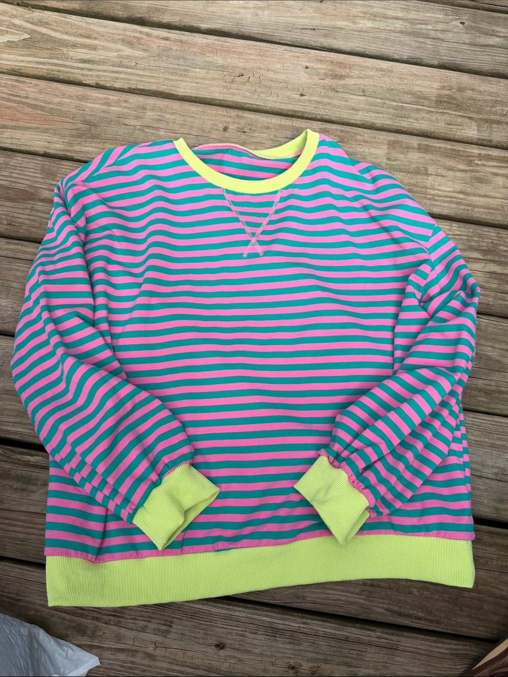 Women’s Oversized Neon Lime & Pink Striped Crewneck Sweatshirt